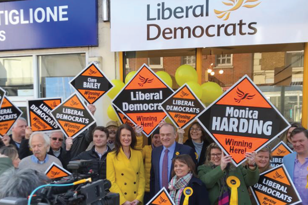 Monica Harding and Ed Davey with Liberal Democrat supporters