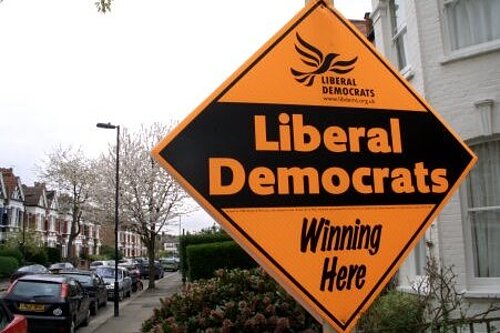 Liberal Democrat garden poster on display ready for a General Election