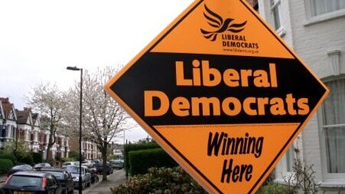 Liberal Democrat garden poster on display ready for a General Election