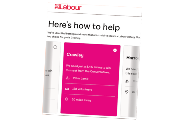 Screenshot of the Labour Party website instructing people to campaign in Crawley.