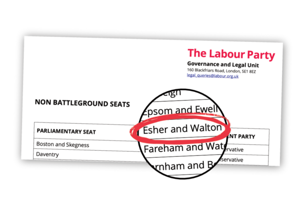 A document from Labour Party HQ showing 'non battleground seats'. Esher and Walton is on the list.